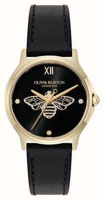 Olivia Burton Abeja clásica (29,8 mm), esfera negra / correa de piel negra 24000344