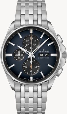 Junghans Meisters chronoscoop (Engelse datum) | blauwe zwarte wijzerplaat | roestvrijstalen armband 27/4228.45