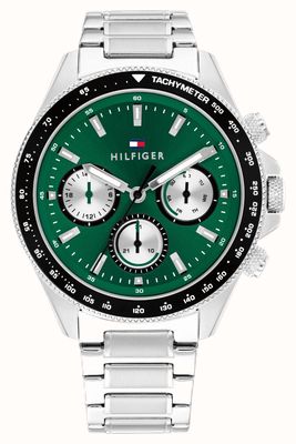 Tommy Hilfiger Herrenuhr Clark (44 mm) mit grünem Zifferblatt und Edelstahlarmband 1792211
