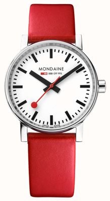 Mondaine Evo2 (35 mm) weißes Zifferblatt / rotes Armband aus veganem Leder MSE.35110.LCV