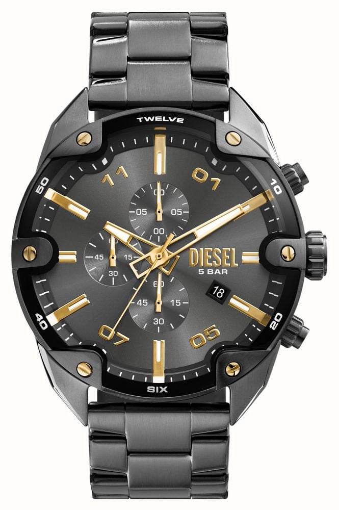 Diesel Graues Chronographen Zifferblatt 49 mm fur Herren mit Spikes Armband aus rotgussfarbenem Edelstahl DZ4669