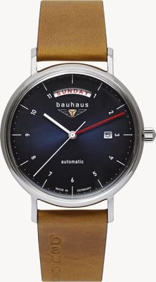 Bauhaus Pulseira de couro marrom italiano masculino | mostrador azul | automático | dia / data 2162-3