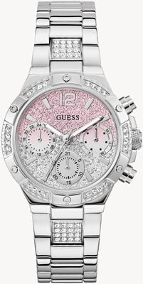 Guess Harlow Multifunktionsuhr (38 mm) mit Ombré-Glitzerzifferblatt und Edelstahlarmband GW0950L1