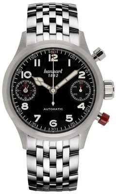 Hanhart Chronographe automatique Pioneer Twindicator (45 mm), cadran noir / bracelet en acier inoxydable 730.210-6428