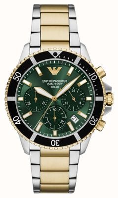 Emporio Armani World Explorer Solar Chronograph (43.5mm) Green Dial / Two-Tone Stainless Steel Bracelet AR11695