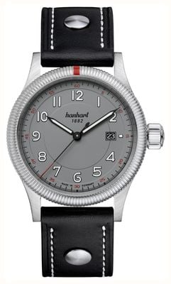 Hanhart Pioneer One Automatic (42 mm) quadrante grigio / cinturino in pelle nera con rivetti - m 762.240-0010