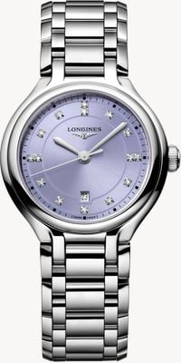 LONGINES Kwarc Primaluna z diamentami (30 mm) z lawendowo-malinową tarczą i słonecznym promieniem / bransoleta ze stali nierdzewnej L81424076