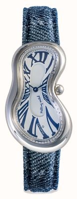 Exaequo Melting Watch Klasyczny zegarek SS 316L (28 mm) z białą tarczą / postarzanym paskiem ze skóry denim EX 0001.0012