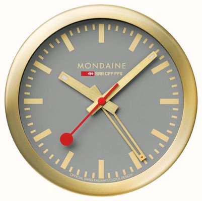 Mondaine Reloj despertador Sbb con amplio segundero (12,5 cm) esfera gris/caja de aluminio en tono dorado A997.MCAL.86SBG.1