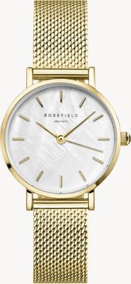 Rosefield スモールサイズ（26mm）ホワイトマザーオブパール文字盤 / ゴールドメッキステンレススチールメッシュブレスレット SMGMG-S06
