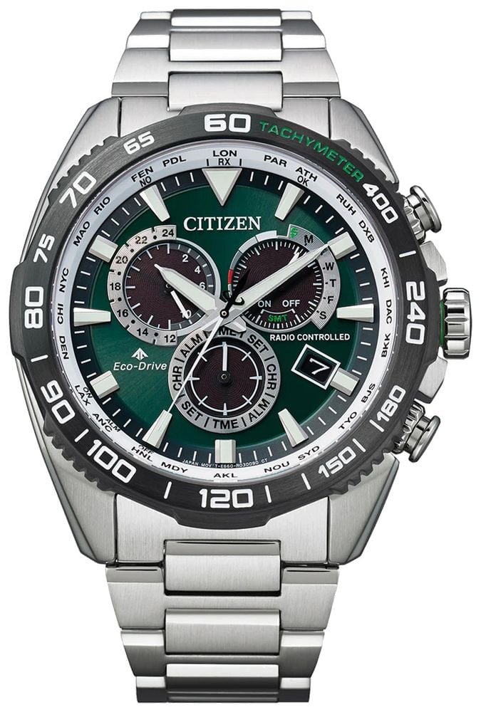 Citizen Promaster Land Perpetual Chrono A T Green Dial Stainless Steel CB5034 91W James Moore Co. Jewellers of Distinction Since 1997 in Kenilworth Warwickshire