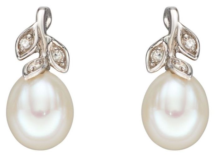 Elements Gold 9ct White gold Pearl Diamond Flower Leaf Studs Jewellery-image-76181