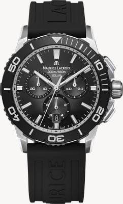Maurice Lacroix Reloj Pontos S cronógrafo solar (42mm) esfera negra ahumada translúcida / correa de goma negra PT1038-SSL20-330-2