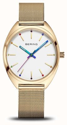 Bering Freedom 经典石英彩虹 (36 毫米) 白色表盘/金色 pvd 钢网和彩虹 nato 表带 127220-36-334