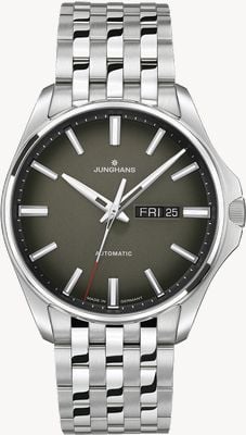 Junghans Meisters automatische (Engelse datum) (40,5 mm) mat olijfgroene wijzerplaat / roestvrijstalen armband 27/4210.44