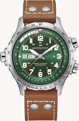Hamilton Khaki Aviation X-wind dag/datum automatisch (45mm) groene wijzerplaat / bruine leren band H77735560