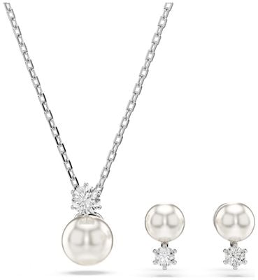 Swarovski Matrix Necklace and Stud Earrings Set Crystal Pearl White Crystals Rhodium Plated 5689624