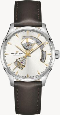Hamilton Jazzmaster Open Heart Auto (40 mm) silbernes Zifferblatt / braunes Lederarmband H32675551