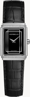 Herbelin Art déco 1925 Diamant (22 mm) schwarzes Zifferblatt / schwarzes Lederarmband 17577AP40Y04
