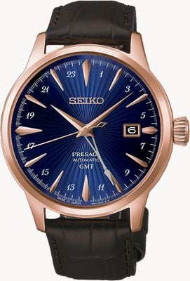 Seiko Presage Cocktail Time ‚Corcovado' GMT (40,5 mm) Zifferblatt in Blau / Armband aus braunem Leder HCB005J1