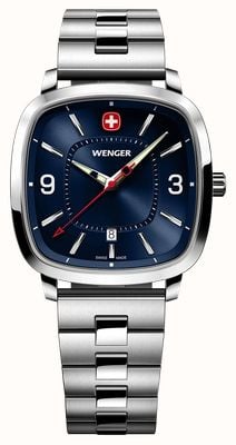 Wenger Relógio esportivo vintage de quartzo (37 mm) com mostrador azul raiado e pulseira de aço inoxidável. 01.1921.110