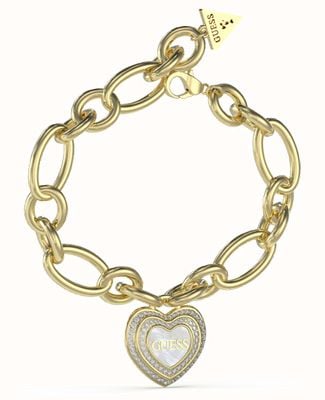 Guess Amami Mother-of-Pearl Heart Charm Gold-Tone Stainless Steel Bracelet UBB04025YGWHL