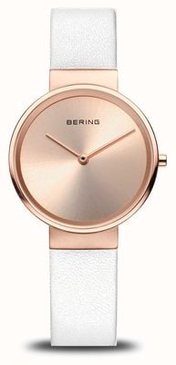 Bering Clássico (31 mm) feminino com mostrador em ouro rosa / pulseira em couro branco 14531-266