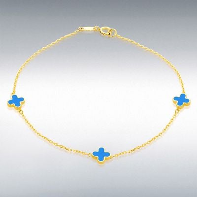 9ct Yellow Gold 3 X 6.5mm Turquoise Clover Petals Bracelet 1 1.29.1632