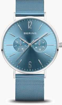 Bering Esfera clásica plateada pulida (40 mm) azul con rayos de sol/malla de acero inoxidable azul 14240-809