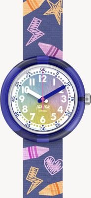 Flik Flak Crayons arc-en-ciel (31,85 mm) cadran arc-en-ciel / bracelet à motifs crayon violet FPNP173
