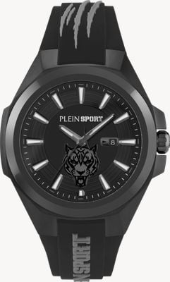 Plein Sport Tigermaster 3 指针日期 (47 毫米) 黑色表盘/黑色硅胶表带 PS7BA0424