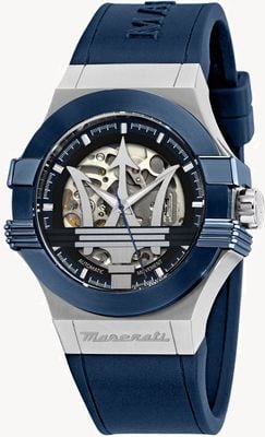 Maserati Potenza Herren-Armbanduhr mit automatischem Skelett-Zifferblatt und blauem Silikonarmband R8821108050