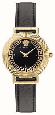 Versace 别致的希腊回纹（44 毫米）黑色表盘/黑色皮革 VE3D00322