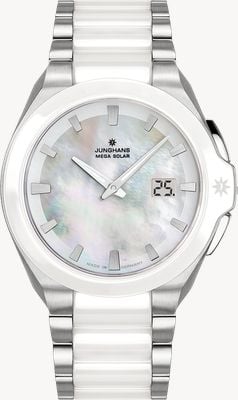 Junghans Montre Spektrum pour femme radio-pilotée (35,6 mm), cadran en nacre, bracelet en acier inoxydable et céramique 15/1601.44