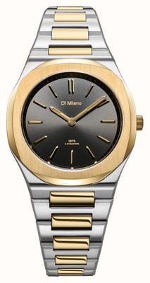 D1 Milano Montre ultra-mince (34 mm) au cadran noir soleillé et au bracelet bicolore en acier inoxydable UHBL03