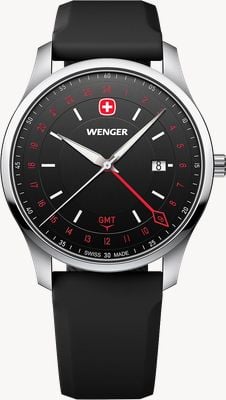 Wenger City GMT Quartz (42mm) Brushed Black Dial / Black Silicone Strap 01.1442.102