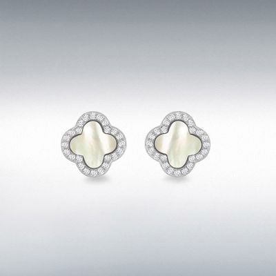 Sterling Silver Rhodium Plated 11mm Clover Mother of Pearl and 1.1mm White CZ Stud Earring 8.59.1913