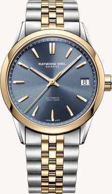 Raymond Weil Freelancer date automático (40 mm) esfera azul con efecto rayos de sol / brazalete de acero inoxidable bicolor 2741-STP-50001