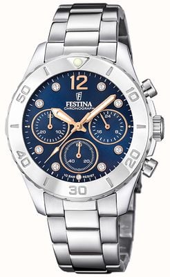 Festina 女士计时手表，带 cz 镶嵌和钢表链 F20603/3