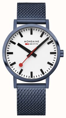 Mondaine Klassisch (40 mm) weißes Zifferblatt / blaues IP-Edelstahl-Mesh-Armband A660.30360.1BSBM