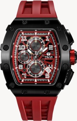TSAR BOMBA Calendário de quartzo série Elemental (43,5 mm) mostrador vermelho / pulseira de silicone vermelha TB8204Q-09