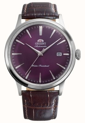 Orient Bambino automático (40,5 mm) mostrador roxo com efeito raios de sol / pulseira de couro marrom RA-AC0032V30B