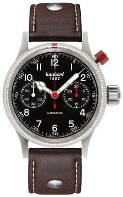 Hanhart Chronographe automatique Pioneer mk i (40 mm), cadran noir / bracelet en cuir marron foncé à rivets - m 714.210-0110