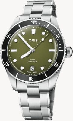 ORIS Reloj de buceo automático con fecha (39mm) esfera oliva / pulsera de acero inoxidable + correa tropic negra 01 733 7795 4057-SET