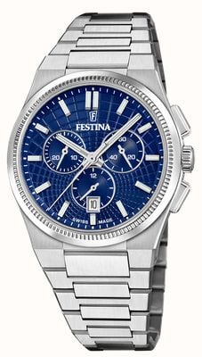 Festina Swiss Made Rivé Quarz Chronograph (42,5 mm) blaues Zifferblatt / Edelstahlarmband F20059/2