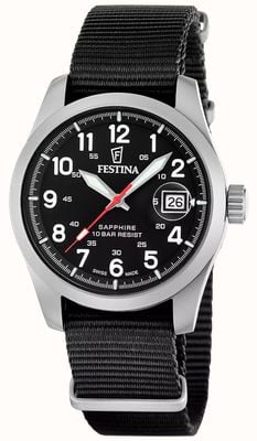Festina Cuarzo de campo suizo (39 mm), esfera negra / correa NATO de nailon negro F20082/3