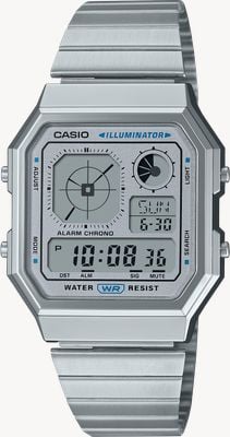 Casio Montre vintage Illuminator (33,9 mm) à affichage numérique / bracelet en acier inoxydable A130WE-7AEF