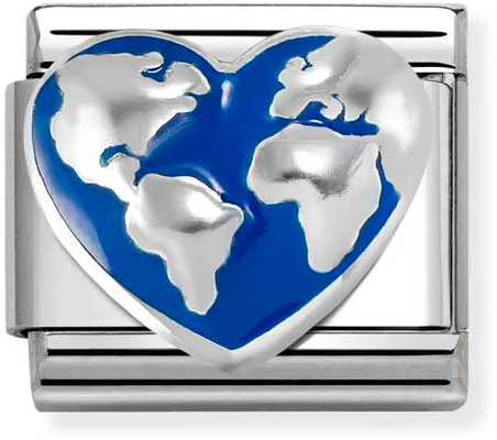 Nomination Classic World Map Heart Blue Enamel Sterling Silver Charm 330204/45