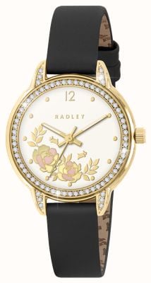 Radley Damskie zegarki Southwell Gardens (32 mm) z białą tarczą z motywem kwiatowym / czarnym paskiem ze skóry RY21822