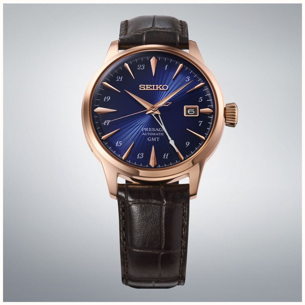 Seiko Presage Cocktail Time ‘ Corcovado’ GMT (40.5mm) Blue Dial / Brown Leather Strap HCB005J1 - alternate view 2